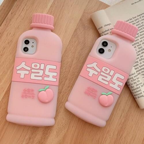 3D Cute Korea Style Pink Peach Drink Bottle Phone Case for iPhone 12 Pro max 11 Pro XS Max XR X Korean Soft TPU Protective Cover