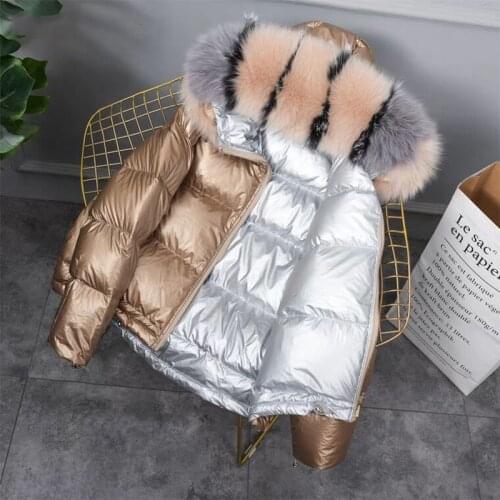 Ailegogo Gold Silver Double Side Down Coat Winter Jacket Women Big Aritificial Fur White Duck Down Parkas Female Down Outerwear