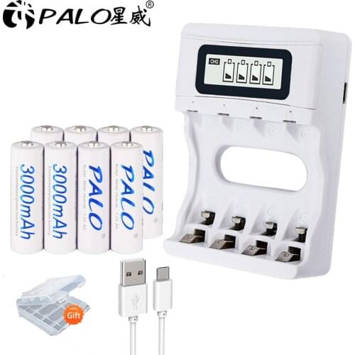 PALO 8pcs AA 2A 3000mAh NI-MH NIMH NI MH rechargeable battery high capacity current + intelligent USB fast charge LCD charger