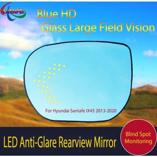 Large View Blue Mirror Anti-Glare Electrically Heated Rearview Mirror With LED Turn Indicator For Hyundai Santafe IX45 2013-2020