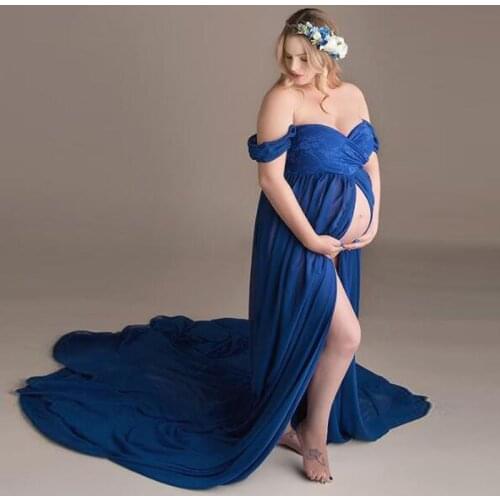 Long Tail Patchwork Shoulderless Maternity Dresses For Photo Shoot Photography Props Dresses For Pregnant Women Maxi Gown 2021