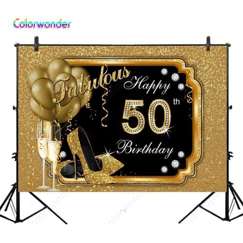 Colorwonder Photo Background Golden High Heels with Balloons and Goblets 7x5ft Black Backdrop with Golden Powder for 50 Birthday