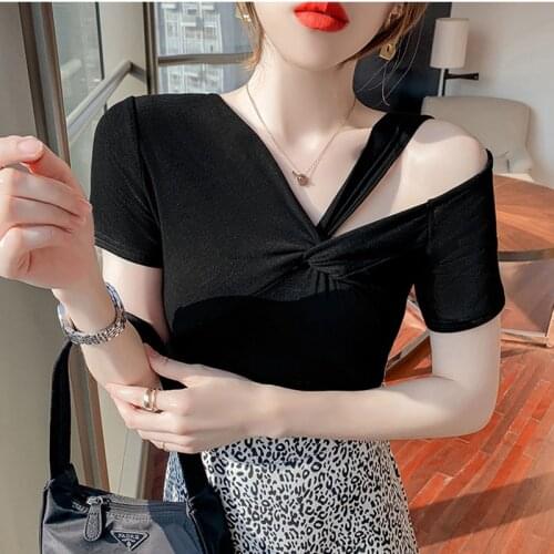 GGRIGHT Summer Short Sleeve T-Shirts Women Casual Off Shoulder Hollow Out Tees Tops Female Basic Black Pink Solid Tshirts Ladies