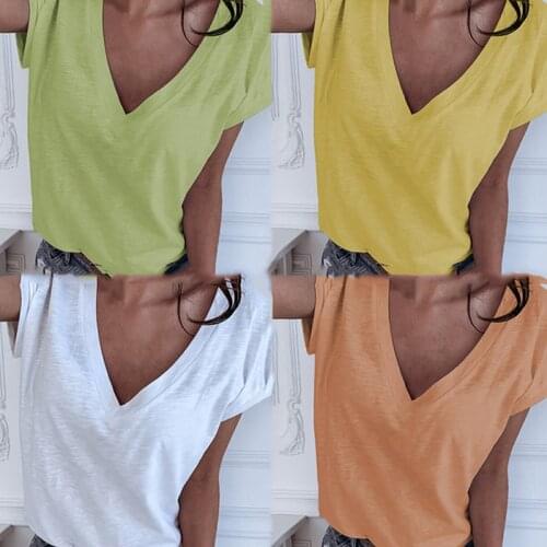 2020 Summer T-Shirt Women High Quality V-Neck Cotton Basic Plain Simple T Shirt For Women Short Sleeve Female Tops 4 Candy Color