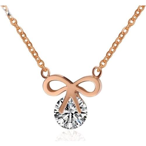 Hot Sale Hollow Bowknot With A Big Rhinestone CZ Gold Color / Silver Color / Rose Gold Color Stainless Steel Necklace