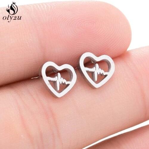 Oly2u Personality Fashion ECG Ear Studs Stainless Steel Heartbeat Earrings Stud for Women Girls Minimalist Jewelry Gift