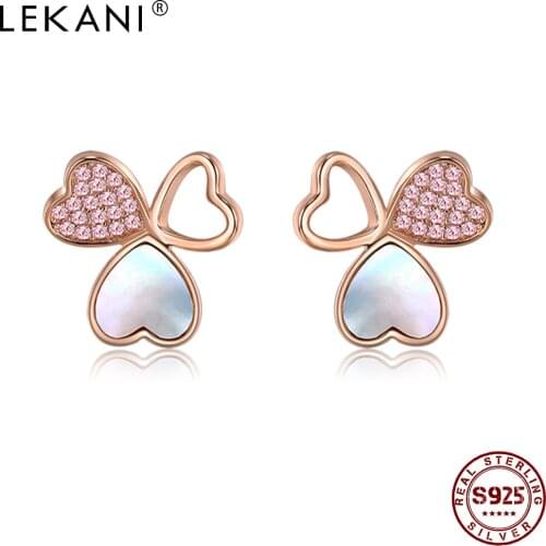 LEKANI 925 Sterling Silver Earrings Women Heart White Shell & Pink Zircon Flower Stud Earring Romantic Anniversary Jewelry