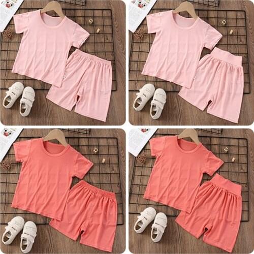 Summer Short Sleeve Pajamas For Girls Solid Color Childrens Clothing Suit Sleepwear Pyjamas Kids Baby Boys Nightwear 1 2 3 4 5T