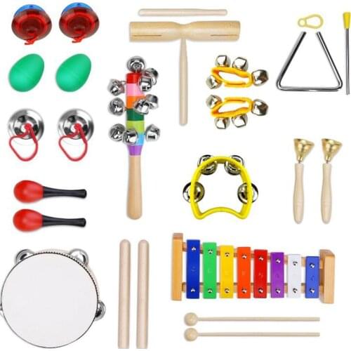 Toddler Musical Instruments 13 Types 24pcs Wooden Percussion Instruments Toy Kid Preschool Educational Toys Set with Storage Bag