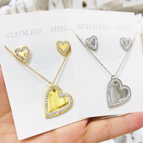 Stainless Steel Set Necklace Clear Cubic Zirconia Silver Gold Color Jewelry collier femme Bridal Engagement Heart Pendant