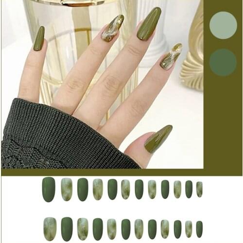 24pcs Green Blooming Fake Nails DIY Slider Glue Type Removable Coffin Long Paragraph Fashion Manicure Fully Covered Nail Decor