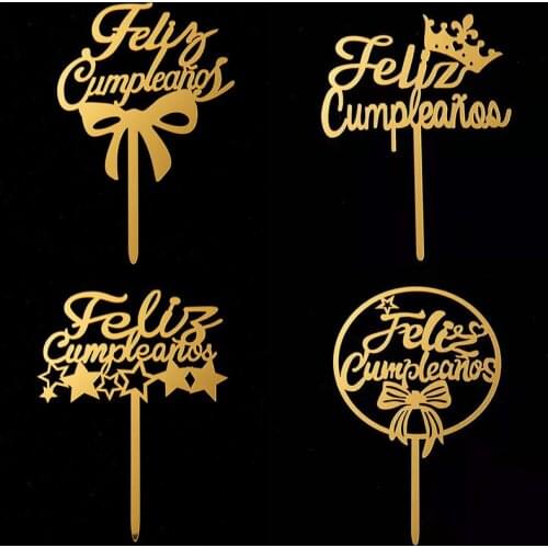 New Spanish Feliz Cumpleanos Cake Topper Acrylic Gold Happy Birthday Cake Topper for Anniversary Party Dessert Cake Decorations