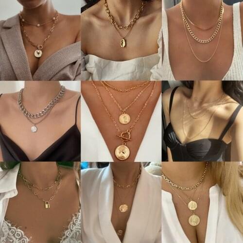 17KM Bohemian Multi-layered Portrait Coin Necklace For Women Gold Geometric Round Lock Pendant Necklaces Sweater Jewelry