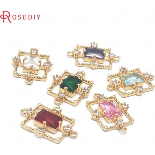 38763)10PCS 13x19MM 24K Champagne Gold Color Brass and Zircon and Glass 2 Holes Rectangle Connect Charms Pendants Accessories