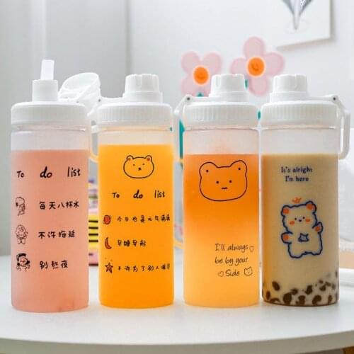 Portable Water Bottle Cute Fashion Frosted Straw Cup Animal Cartoon Water Cup Girls Student Outdoor Travel Sports Bottle 600ML