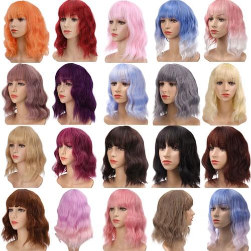 Short Bob Hairstyle Wig Synthetic Hair with Bangs Natural Color Red Pink Blonde White Lolita for Women Girls Cosplay Wigs MUMUPI