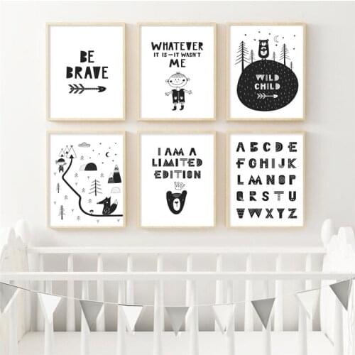 Scandinavian Art Poster Cartoon Black English Alphabet Canvas Paining Wall Pictures for Boy Room Baby Bedroom Decor