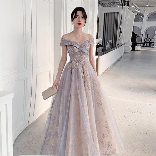 Evening Dresses Boat Neck Morandi Blue Golden Appliques A-line Floor-length Lace up Plus size Customized Lady Formal Dress A018