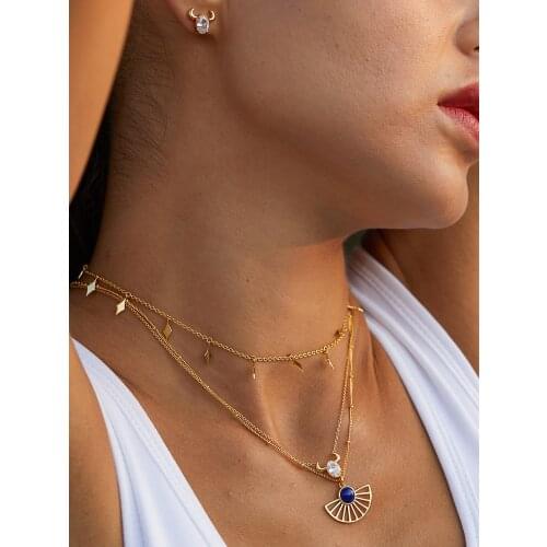 703FORTUNE The new fan-shaped hollow necklace S925 silver arch geometric natural lapis lazuli pendant necklace for women