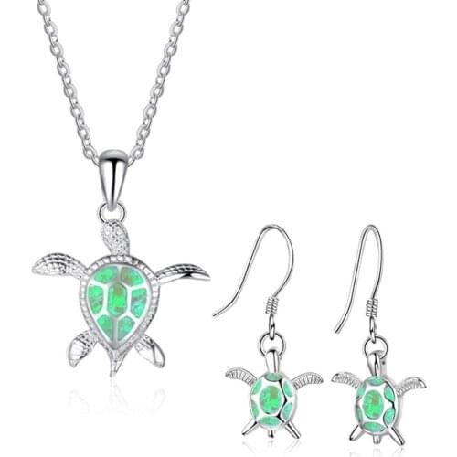 Vintage ocean Faux Opal Inlaid Turtle Pendant Necklace Hook Earrings sets for Women Fashion Jewelry Sets
