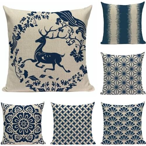 High Quality Sofa Bedding Vintage Decorative Throw Pillow Case Customized Cushion Covers Blue White Printed Linen Cushion Cover