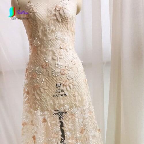 High-End Fashion Full Sequined Applique Fabric Lace Dress Fabric Accessories Champagne 1meter/lot S0111M