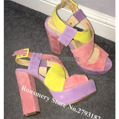 Women Fashion Peep Toe Suede Leather Patchwork High Platform Chunky Heel Sandals Pink Purple Yellow Thick High Heel Sandals