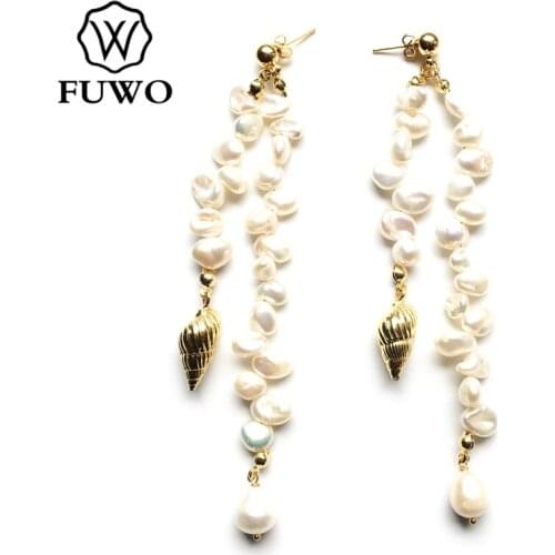 FUWO Natural Irregular Pearl Earrings with Gold Filled Shell Fashion Earrings Women Beach Holiday Jewelry ER531