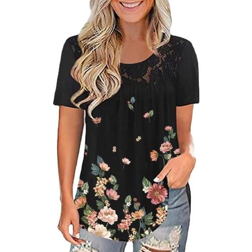 3XL Plus Size Women Floral Print with Lace Loose Tops Hollow Out Patchwork Blouse Ladies Shirts Summer Short Sleeve Clothes D30