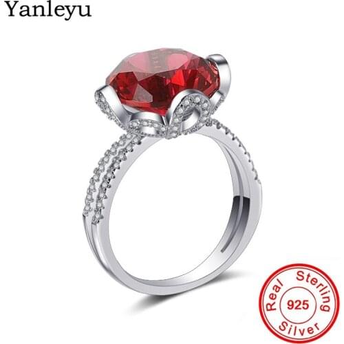 Yanleyu Luxury Big 3 Carat Red Crystal AAA Zircon CZ Diamant Engagement Rings for Women Pure 925 Silver Wedding Jewelry PR188