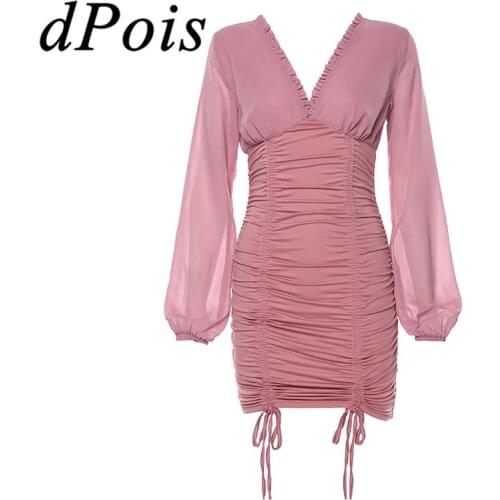 Womens V Neck Sexy Mini Dress Lantern Sleeve Backless Drawstring Ruched Bodycon Dress for Women Feminine Party Elegant Dress