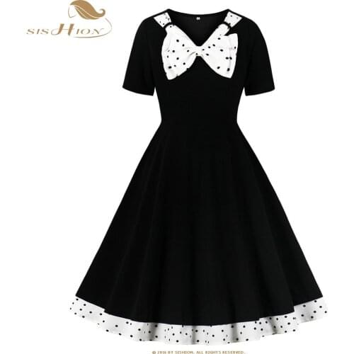 SISHION Retro Vintage 50s Dress VD1661 Black Hepburn Elegant V Neck Big Bow Swing Polka Dot Patchwork Plus Size Rockabilly Dress