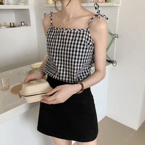 3 colors korean preppy style plaid crop top womens Strap slim camis 2019 Summer casual lace up tops tees femal