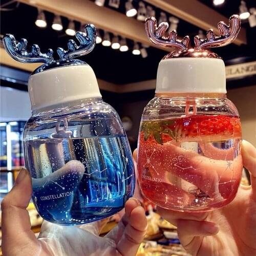 300ml Creative Antlers Water Bottle Starry Sky Pattern Cup Cute Elk Mug Portable Leakproof Student Outdoor Travel Bottle
