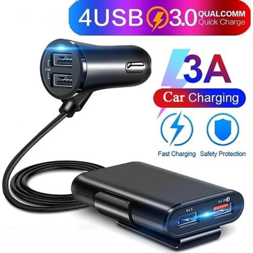 4 USB Ports Fast Charging QC3.0 Car Charger Power Adapter with Extension Cable Car Charger Power Adapter with Extension Cable