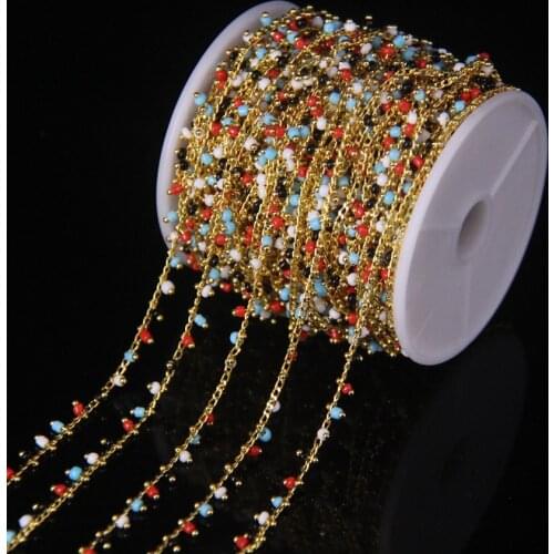5Meter/lot,Mix Color 2mm Cube Beads Gold Color Brass Wire Wrapped Rosary Chain,Tiny Glass Rondelle Women Sweater chains Jewelry