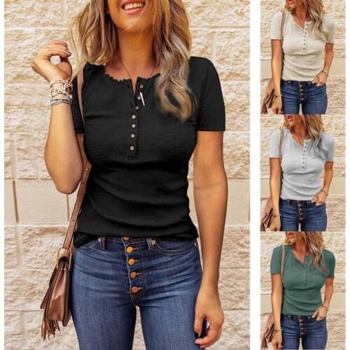 2021 Autumn Long Sleeve Solid Blouse Shirts Women Elegant T-shirt Solid Color Women Short Sleeve U Neck Buttons Slim Blouse Top