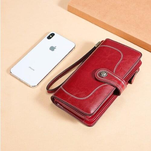 Long Genuine Leather Ladies Wallet RFID Oil Wax Leather Long Wallet Large Capacity Multi-card Storage Wallet Retro Wallet