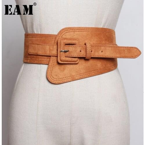 [EAM] Pu Leather Elastic Camel Long Elastic Wide Belt Personality Women New Fashion Tide All-match Spring Autumn 2021 1M520