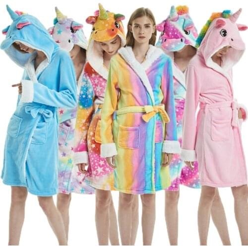 2020 Women Flannel Bathrobe Cartoon Long Robe Femme Unicorn Robes Pajamas Adults Gown Hooded A Cute Anime Cartoon
