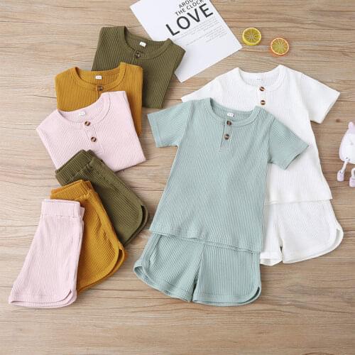 2021 Summer Kids Ribbed Pajamas Boys Girls Short Sleeve Set Top + Pant Children Sleepwear Outfits Casual Toddler Clothing