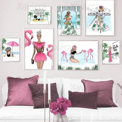 Nordic Posters and Prints Fashion Girl Flamingo Tropical Landscape Canvas Painting Wall Art Home Decor for Living Room Bedside