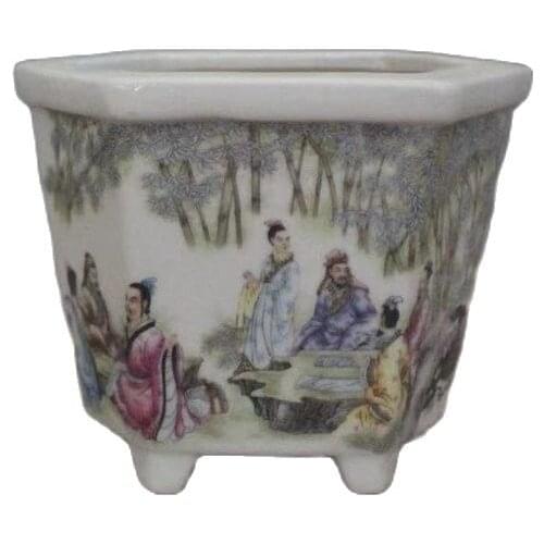 Early collection of the Republic of China famille rose bamboo figures hexagonal bonsai antique porcelain ornaments