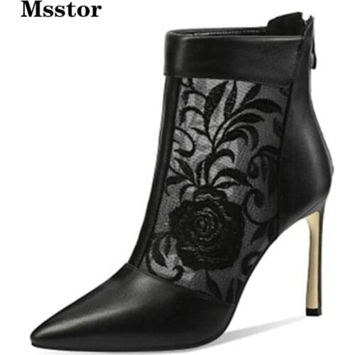 Mesh High Heel Boots Autumn Spring Zipper Sexy Pointed Toe Party Shoes Woman Boots Fashion Black Elegant Women Ankle Boots