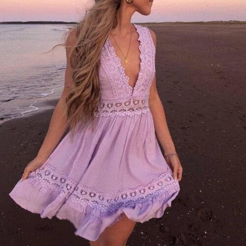 Boho Holiday Backless Beach Dress Women Deep V High Waist Mini Dress Summer Lady Lace Crochet Hollow Tank Dress Flared A-Line