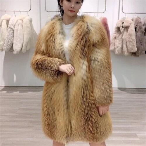 Russian fashion whole skin red fox fur medium long coat womens real fur jacket winter warm female outerwear
