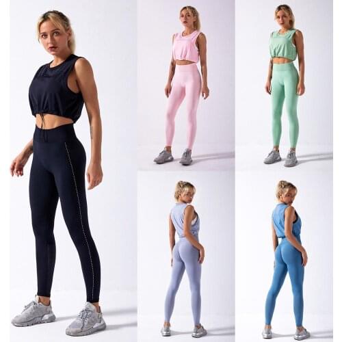 Women Sports Suit Seamless Yoga Set Drawstring Sleeveless Top Push Up Leggings 2 Piece Set Solid Gym Clothing Sportswear Set