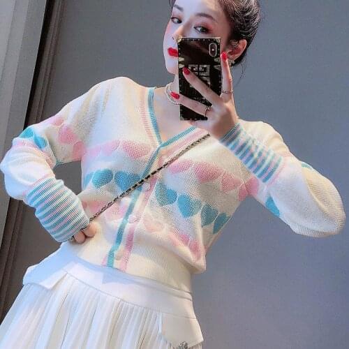 Indie Folk Heart Jacquard Knit Sweater Cardigan Crop Top 2021 Autumn Women Full V Neck Cropped Cardigan Knitted Sweater Jacket