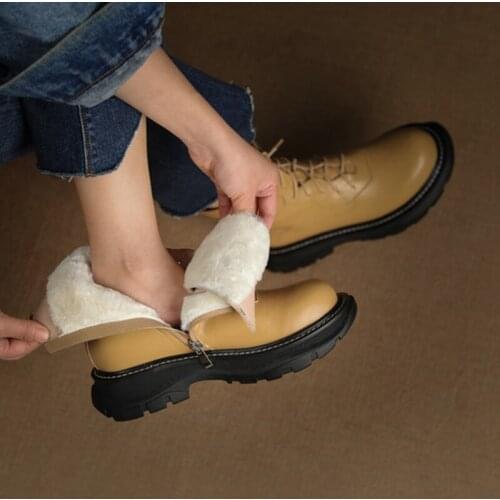 Snow Boots Warm Fur Boots 2021 Winter Women Boots Flat Shoes Women Round Toe Leather Boots Solid Black Platform Boots for Women