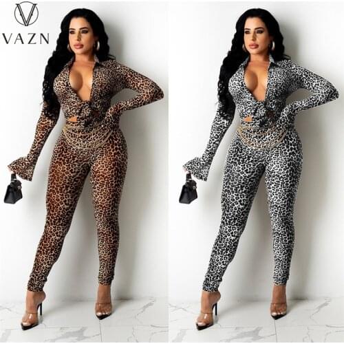 VAZN 2021 Autumn Leopard Sexy Club Hollow Out Bandage Top Full Sleeve Women Skinny Long Pencil Jumpsuits